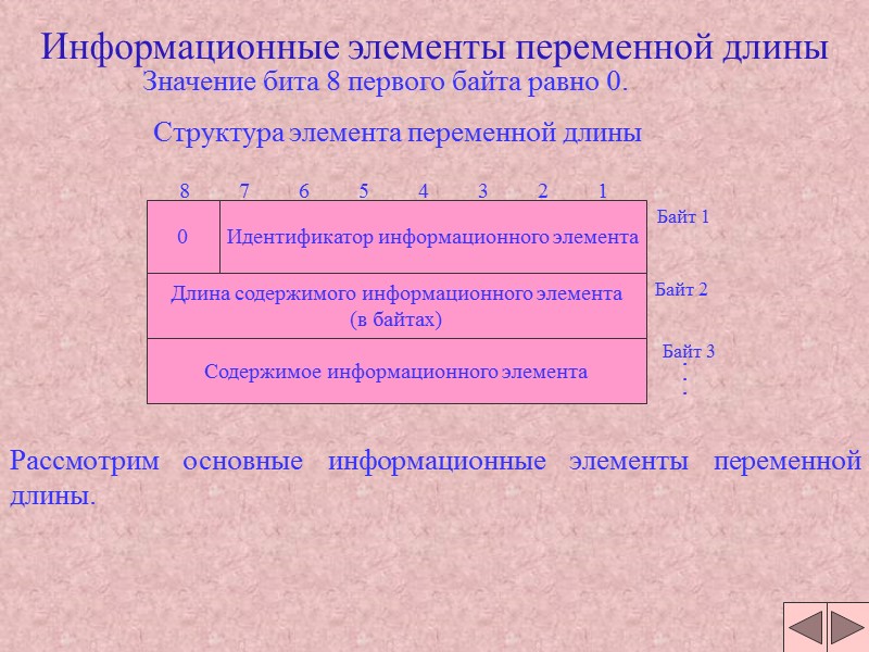 Информационные элементы переменной длины Структура элемента переменной длины Рассмотрим основные информационные элементы переменной длины. Информационные элементы переменной длины Структура элемента переменной длины Рассмотрим основные информационные элементы переменной длины.